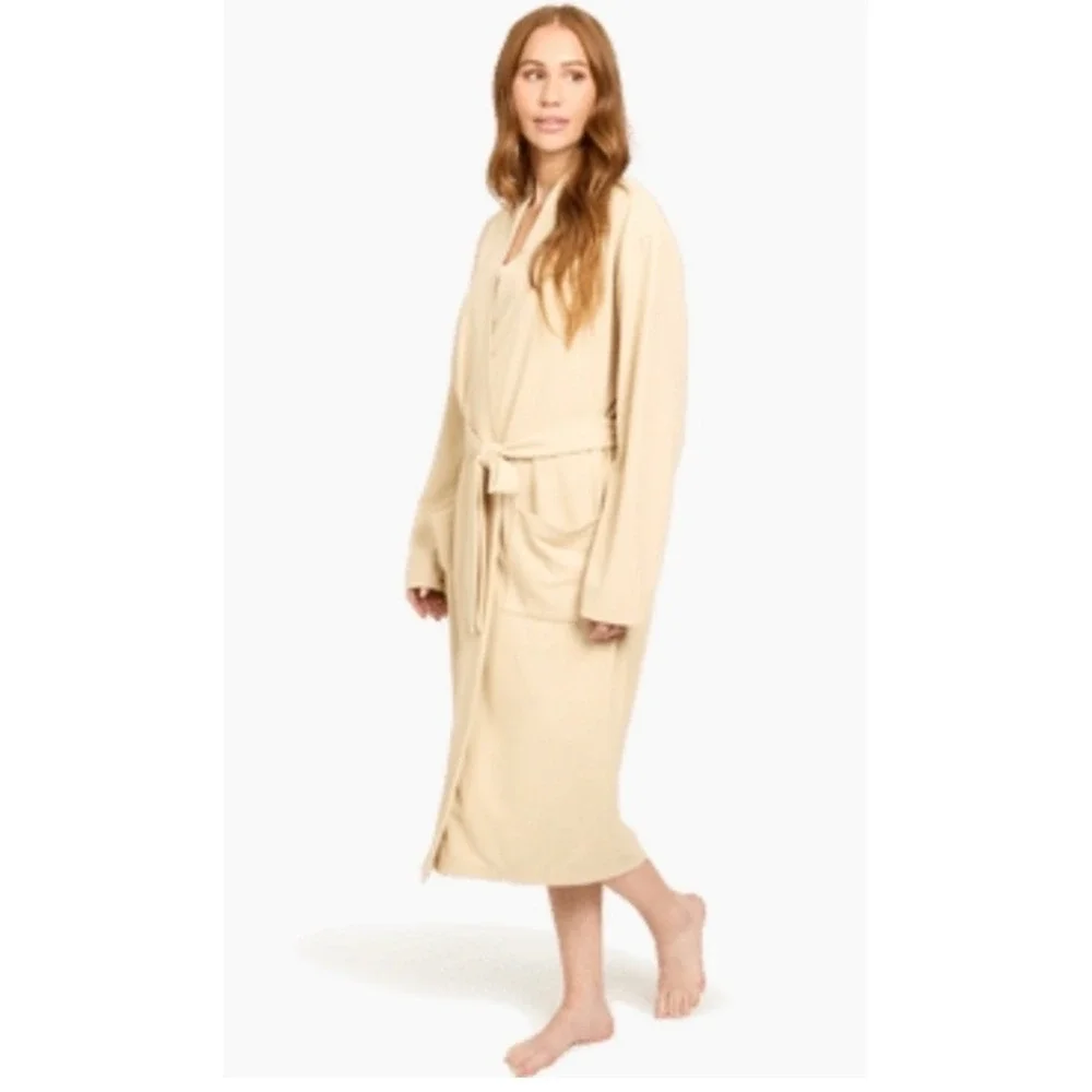 NWT Line and Dot Waffle Knit‎ Robe Sand Beige Tie Waist Pockets Size L XL NEW